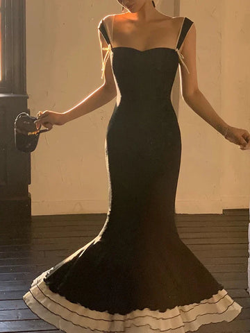 Sexy Black Mermaid Strap Satin Long Prom Dress Sweet Formal Party Dress HZ1023